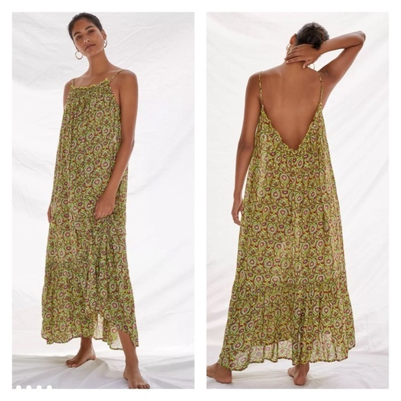 Anthropologie Green Paisley Maxi Dress Boho Flounce Lounge Beach Vacation S NWT - Picture 7 of 16